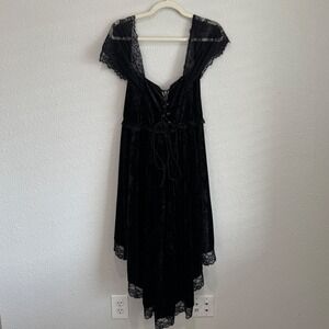 Black Crushed Velvet Lace Trim High-Low Goth Dress 3XL Lace-Up Front Whimisgoth